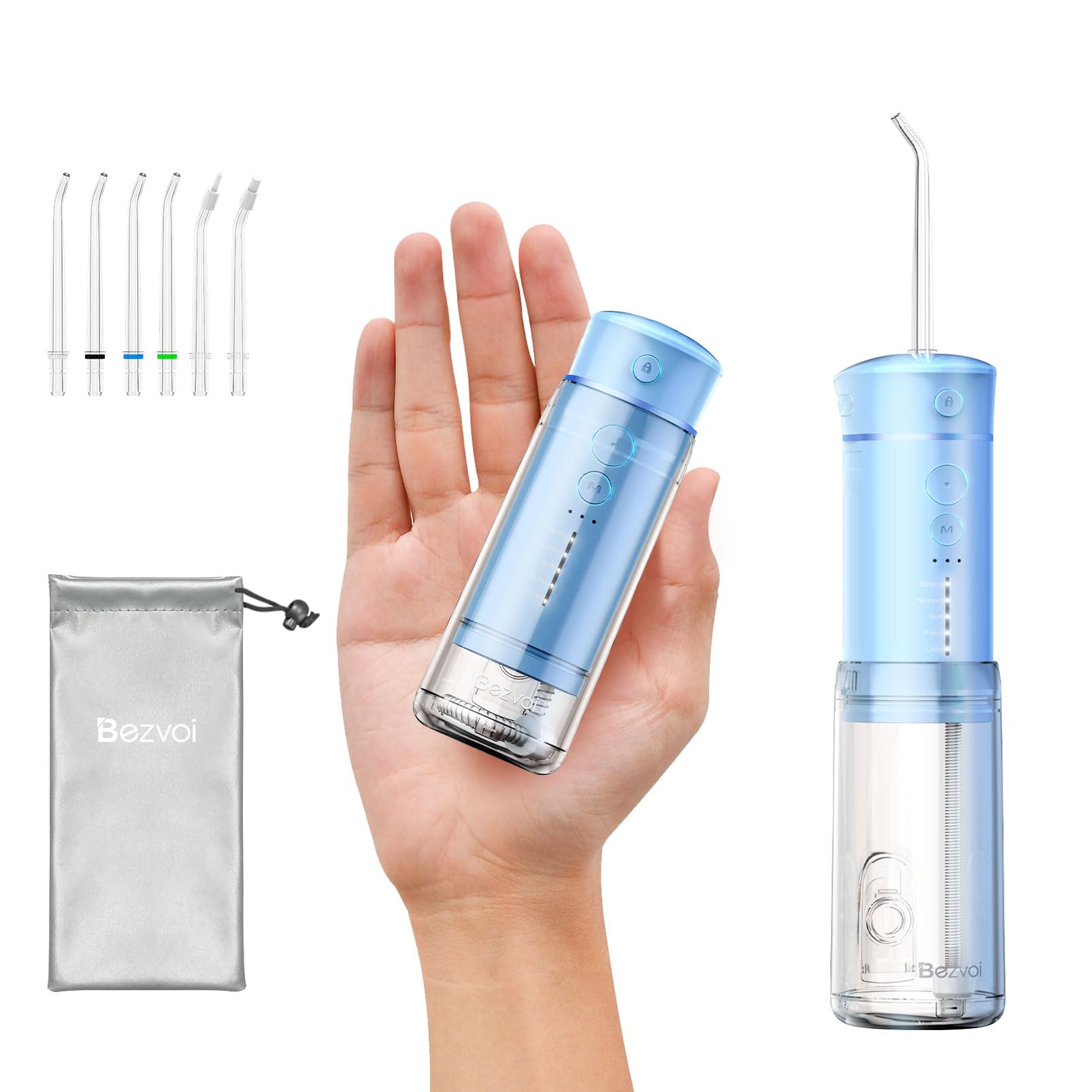 Water Flosser Cordless Travel, Mini Oral Irrigator with Telescopic Water Tank, 5 Modes, 6 Jet Tips, IPX7 Waterproof Electric Portable Water Teeth Cleaner Picks for Braces Bridges Care