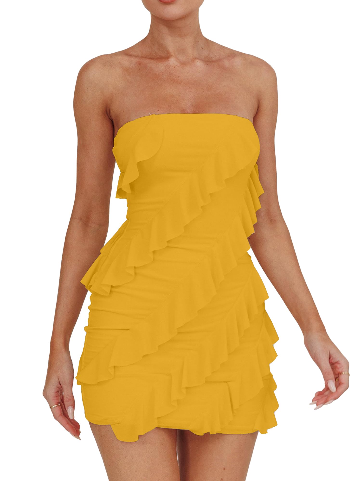 Photo 1 of ** UNKNOWN SIZE*** HOCILLE Women's Sexy Strapless Tube Top Bodycon Sleeveless Ruffle Mini Party Dress, Medium, Yellow