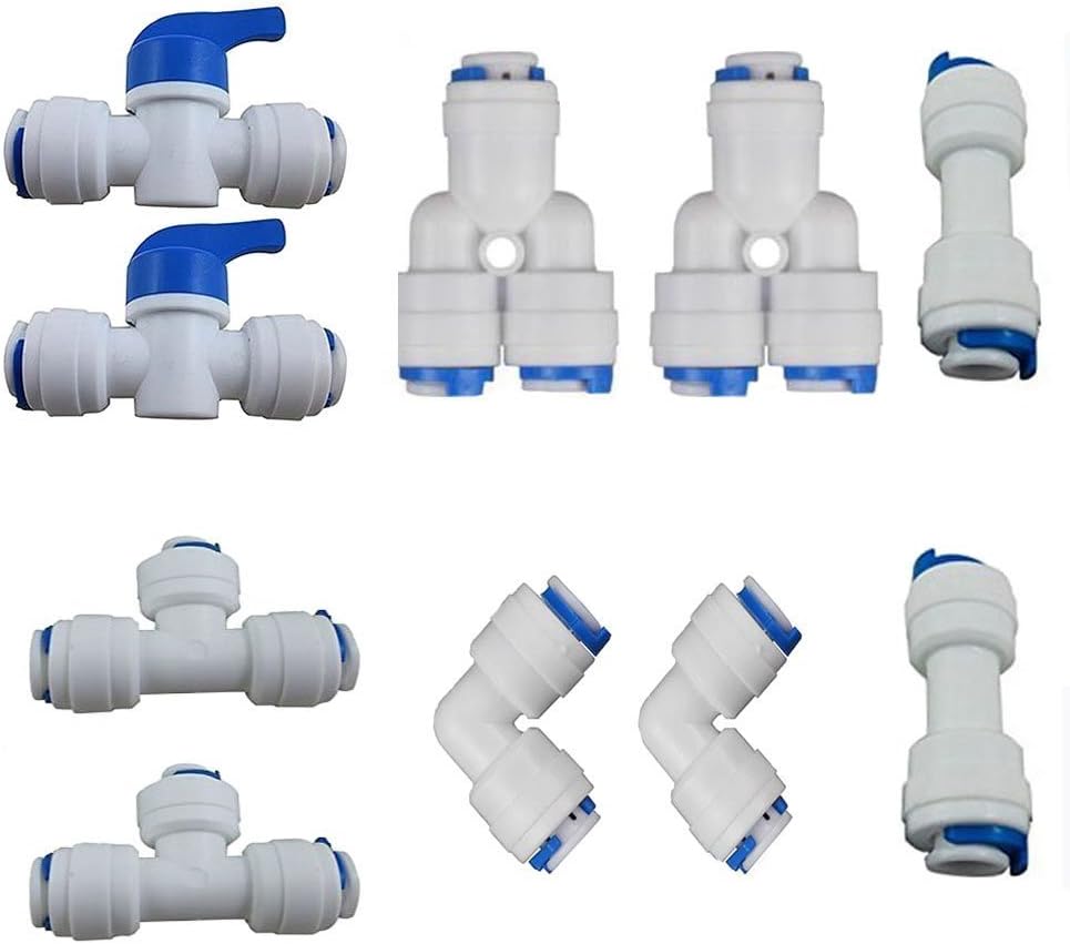 Rykey 1/4" OD Quick Connect Push In to Connect Water Tube Fitting Pack Of 10 (Ball Valve+Y+T+I+L Type Combo)