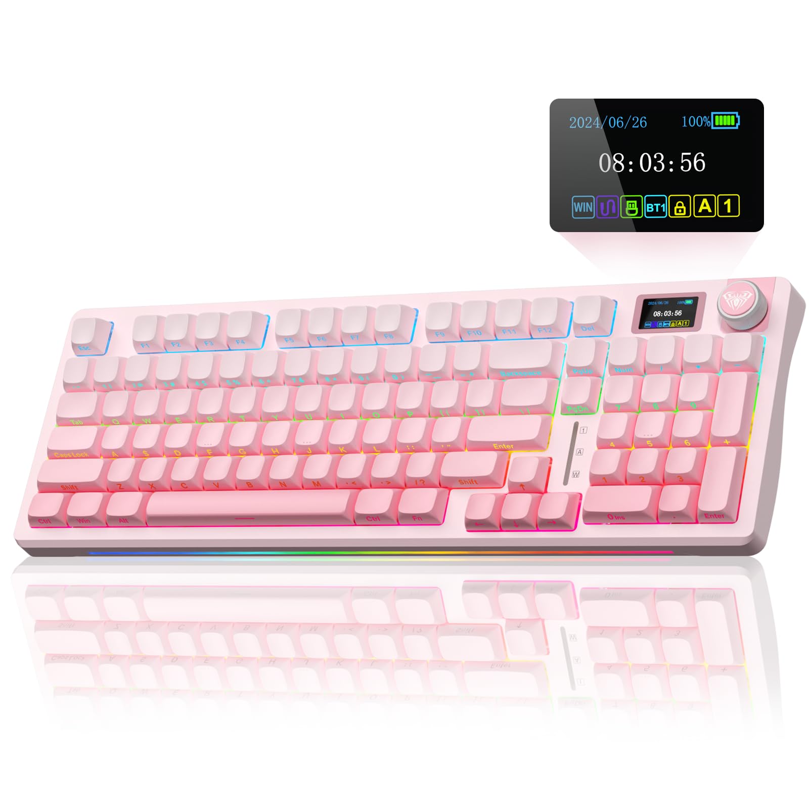 Photo 1 of AULA S98 Pro Wireless Mechanical Keyboard with Screen & Knob,2.4GHz/USB-C/BT5.0 Hot Swappable Pink Creamy Keyboard,Pre-lubed Linear Switches,Side Printed PBT Keycaps,RGB Backlit Gaming Keyboards