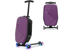 smilesun Scooter Luggage For Kids & Adults， Hardside Ride On Suitcase For Kids Ages 4-15 Multifunctional Lightweight Foldable Carry On Luggage With Wheels Ride On For Children Teenagers（Purple）