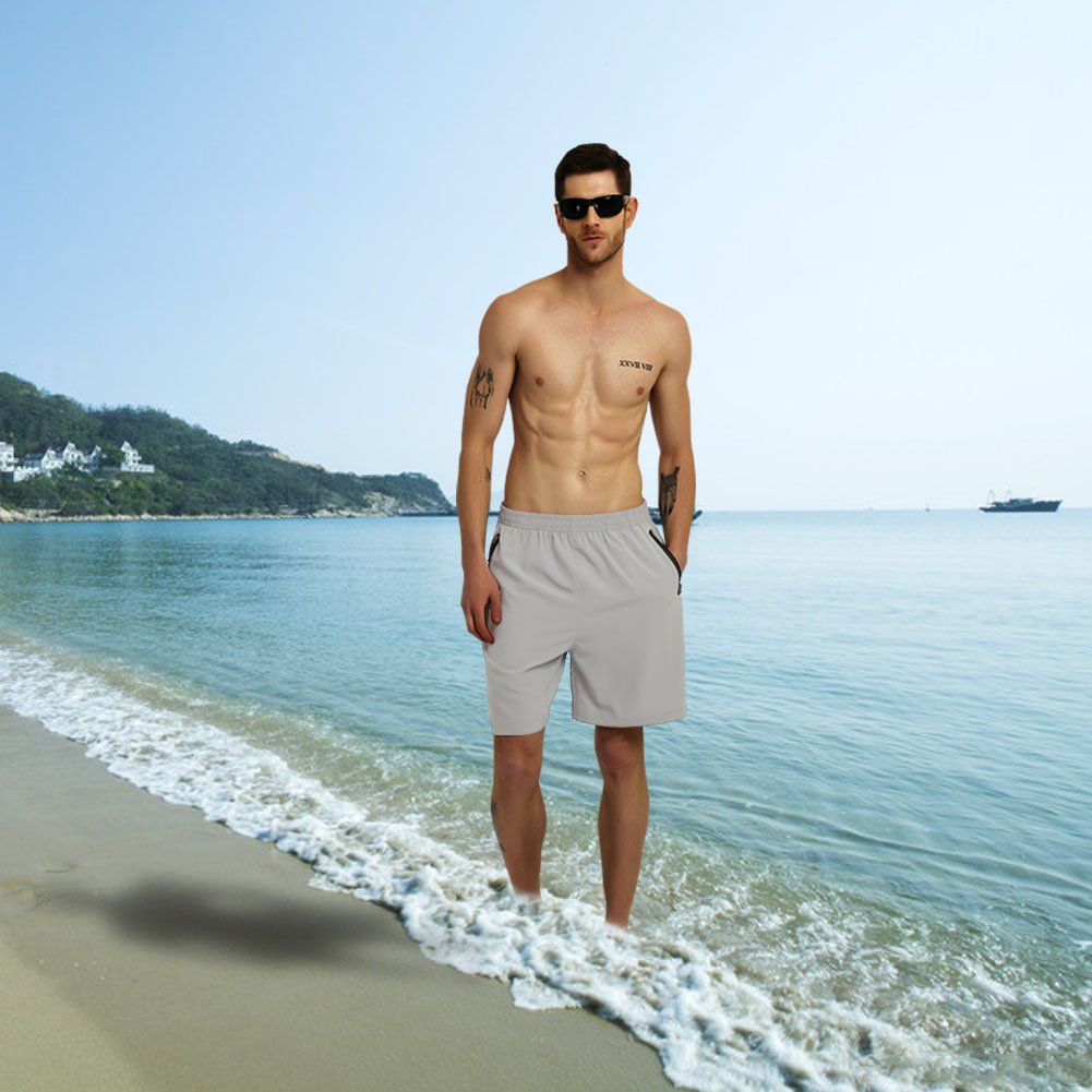 Gititlys Men\'s Shorts with Pockets 95% Terylene and 5% Spandex (Light Gray, Large)