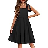 Arshiner Girls Summer Dress Tie Strap Sleeveless Solid Color Square Neck Party Dresses 6-11 Y