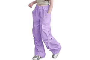 Ecolala Girls Cargo Parachute Pants Elastic Waist Wide Leg Streetwear Hip Hop Dance Trousers with Pockets