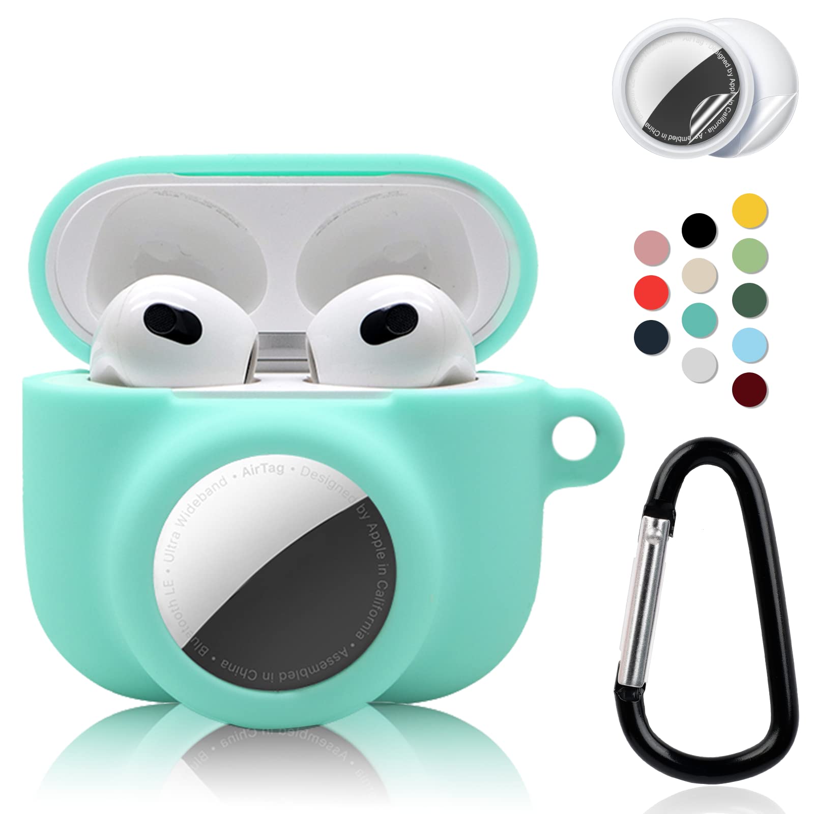 Photo 1 of 2 in 1 Protective Case Combo Set Compatible for Apple AirPods 3(2021) AirTag, GPS Tracker Holder with 2 PCS TPU Screen Protector&Keychain, Soft Silicone Anti-Lost Anti-Scratch Skin Cover(Cyan)