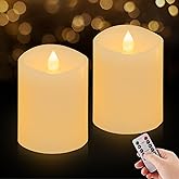 ASLDOIWEH 3x4 Flickering Flameless Candles Set of 2, 2AA Battery Life 600 Hours Battery Candles Flickering with Timer,4 inch Flameless Candles with Remote for Indoor/Outdoor, Ivory