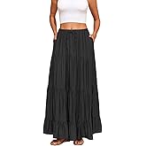 Capuffy Women Summer Boho Flowy Swing Maxi Skirt Tiered A-Line Skirts Elastic Waist Ruffles Pleated Beach Skirt with Pockets