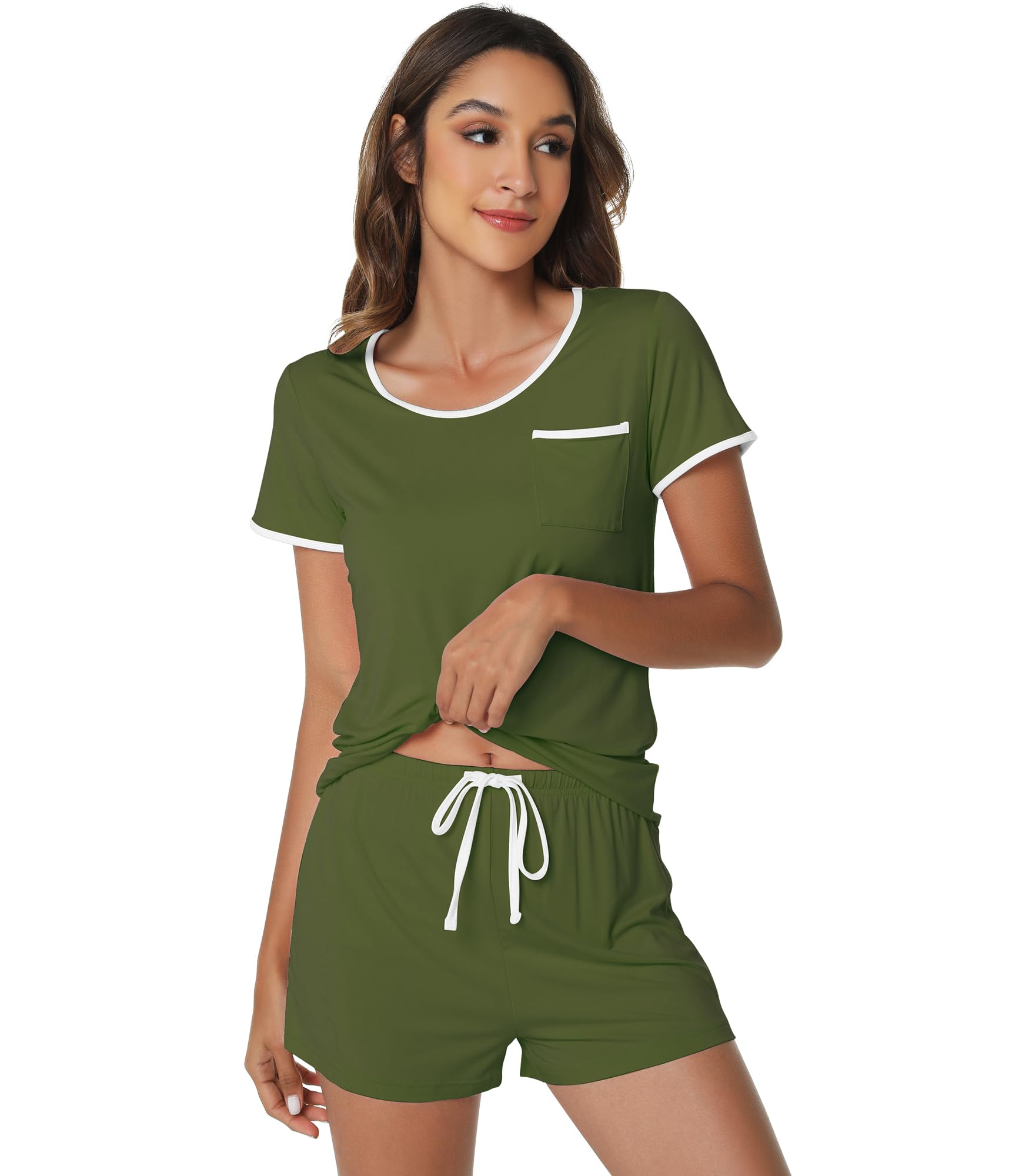 WiWi Womens Pajamas Set Short Sleeve Top with Shorts Super Soft Cooling Sleepwear Pjs Sets-Viscose from Bamboo S-XXL, Army Green, Large Image