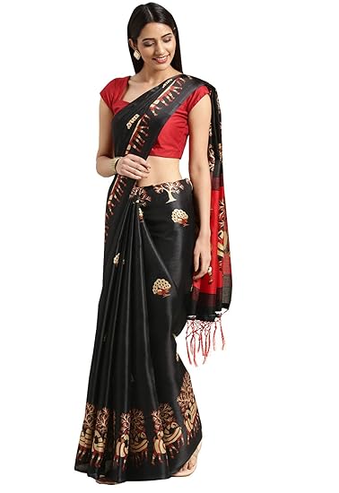 Poly Silk Black Printed Womens Saree With Tassels