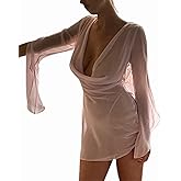 Eofnengsohio Women's Sheer Mesh Babydoll Nightgown Cowl Neck Backless Long Sleeve Dress Romantic Nights Sexy Sleepwear