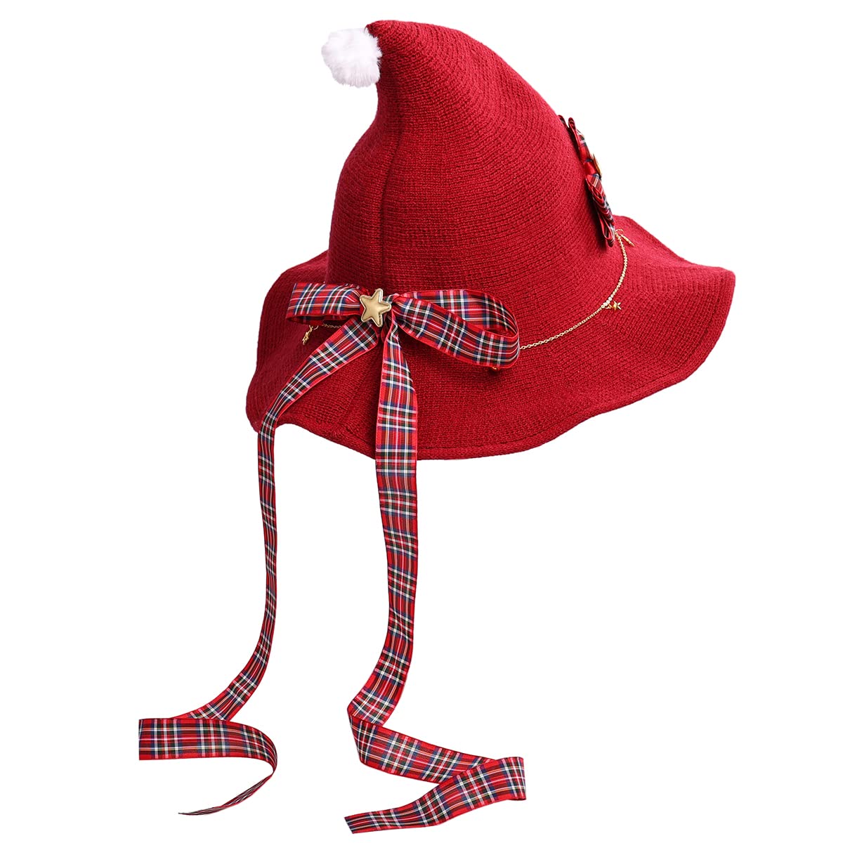 COSDREAMER Women Witch Hat Red Bows Wool Knit Cap for Halloween Christmas Party red
