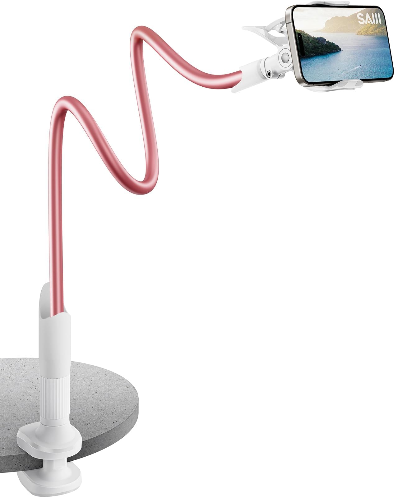 SAIJI Gooseneck Phone Stand for Bed, Lazy Bracket Cell Phone Holder Long Arm Clip Clamp Mount for Filming, Compatible with 4-7'' Mobile Cell Phone Stand Document Camera Nintendo Switch (Rose Gold)