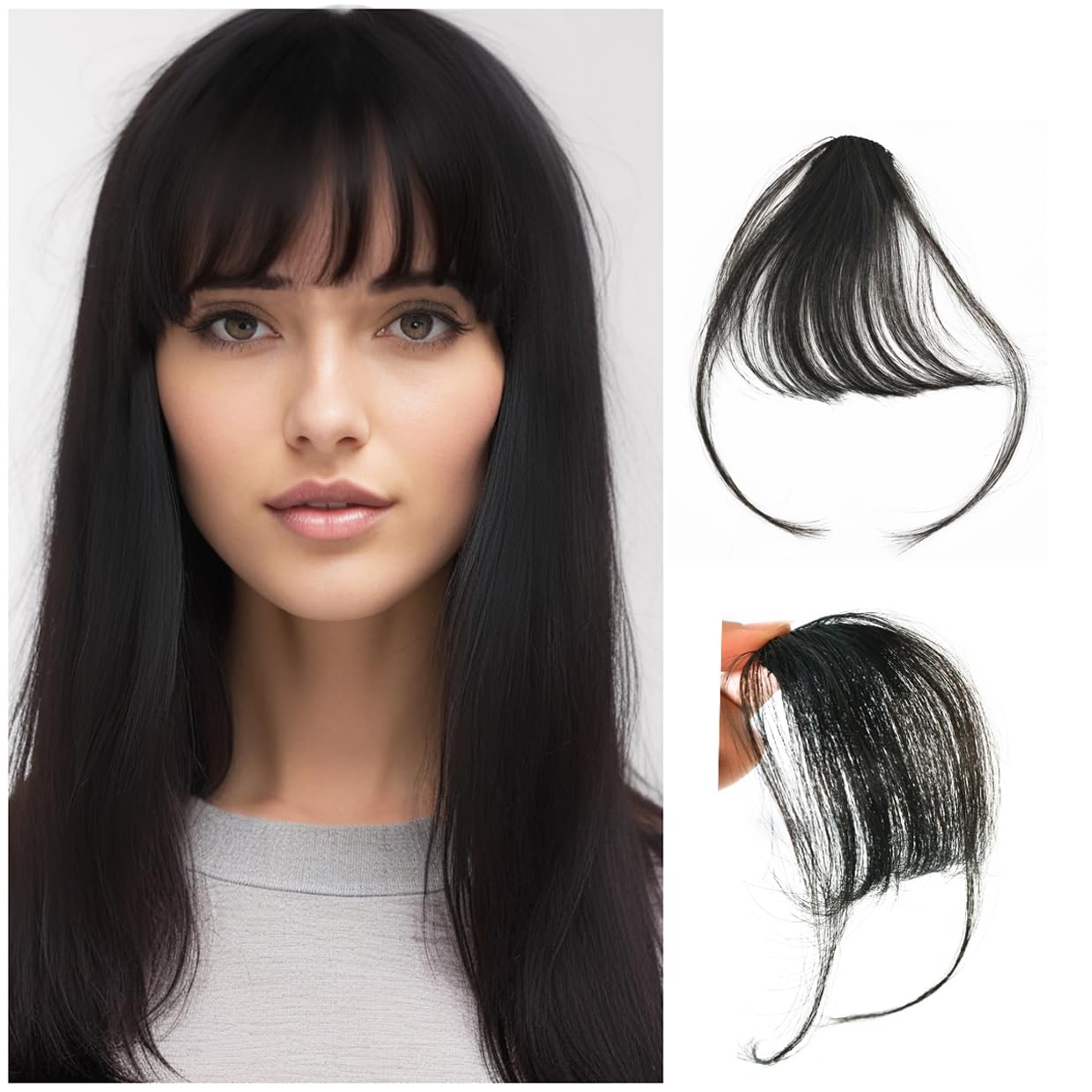 Clip in Bangs 100% Human Hair in Hair extensions Fringe with Temples Clip Hairpieces for Party and Daily Wear（Wispy Bangs,Natural Black）