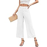 Famulily Womens Linen Pants for Summer Button Down Wide Leg Cropped Pants Casual Capri Pants with Pockets