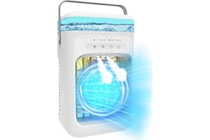 Refroidisseur d'air portable par évaporation - 3 vitesses de ventilateur, minuterie de 2 à 4 heures, lumière LED 7 couleurs, 