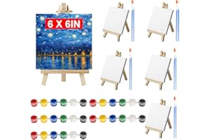5 Pack Mini Canvas and Easel Set, 6x6 inch Small Canvases for Painting with Easel, 6 Colors Mini Acrylic Paint Set and Brushe