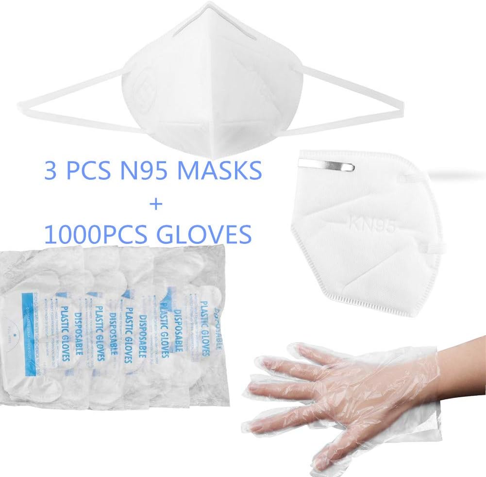Disposable Clear Plastic Gloves + Face Protective Cover KN95 protector Mouth Pad set Food Service Gloves 1000pcs+ Kn95 Dustproof Ma-sk 3pcs