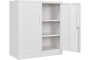 SISESOL White Metal Storage Cabinet with Doors and Shelves,Small Metal Cabinet with Lock,Short Garage Storage Cabinets,Locking Steel Cupboard for Home,Office,Kitchen,Garages