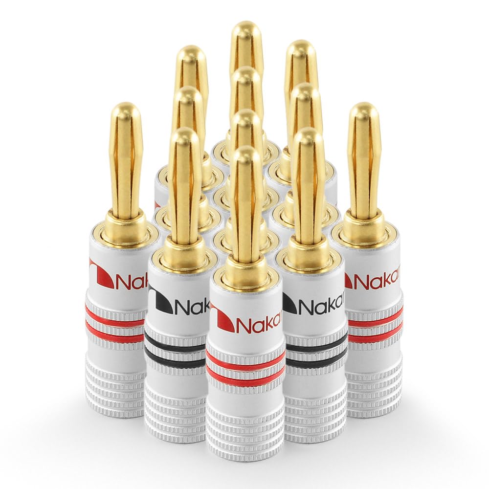 Nakamichi Excel Series 24k Gold Plated Banana Plugs 12 AWG - 18 AWG Gauge Size 4mm for Speakers Amplifier Hi-Fi AV Receiver Stereo Home Theatre Audio Wire Cable Screws Connector 12 Pcs (6-Pairs)
