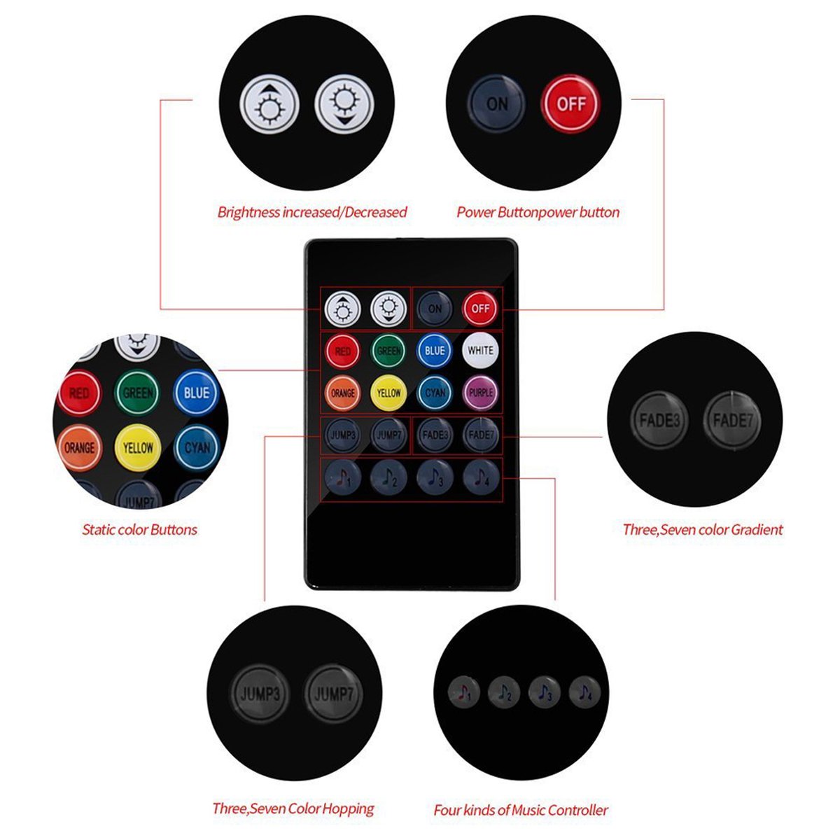 Lononvie Car Interior Lighting Kit Sound Sensor Light,4pcs 8 Color 48LED light,Strip Atmosphere Decorative for Car With Music Sound Active Function and IR Remote Control