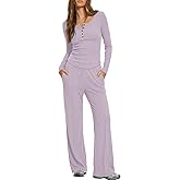 Darong Womens 2 Piece Matching Lounge Sets 2026 Long Sleeve Henley Shirts Wide Leg Pants Airport Travel Outfits