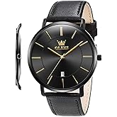 OLEVS Mens Watches Minimalist Ultra Thin Fashion Casual Analog Quartz Date Watch Waterproof Slim Simple Big Face Dress Wrist Watch Leather Band for Men