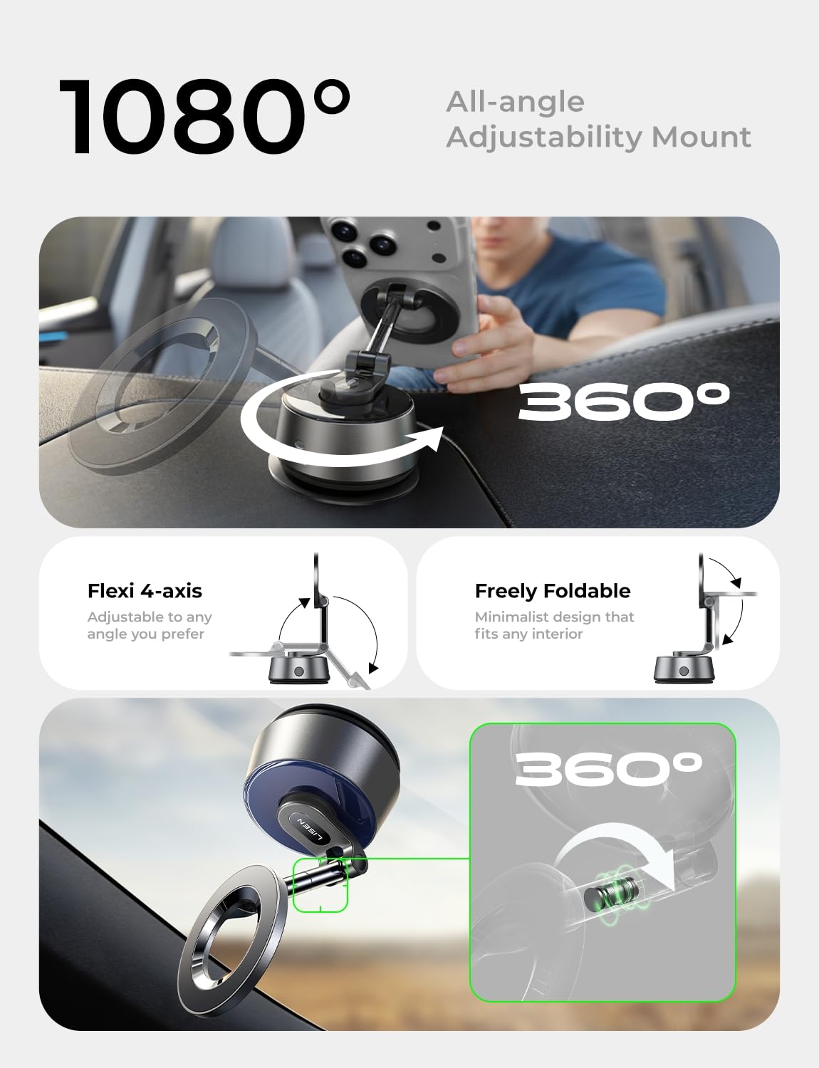LISEN SuctionPro Vacuum Magnetic Phone Holder for Car Electric [High-Tech] [Self-Tightening] Suction Cup Phone Mount for Magsafe Car Mount for iPhone 17 Pro Max Air 16 15 14 13 fit Content Creator