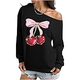 SweatyRocks Women's Cherry Bow Graphic Sweatshirts Casual Long Sleeve Off One Shoulder Pullover Tops