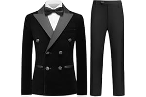 Rogers & Morris Boys Velvet Tuxedo Double Breasted Suit Formal Outfits Slim Fit Kids 3 Piece Suit Set Peak Lapel