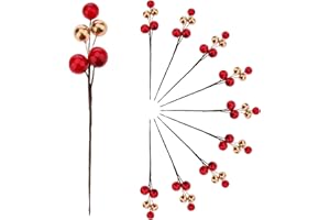 Meiwlong 10pcs Red Gold Mixed Glitter Artificial Berries Flower Picks Centerpiece Foam Halloween Plants Core Decoration Wedding Home Kitchen Craft Use