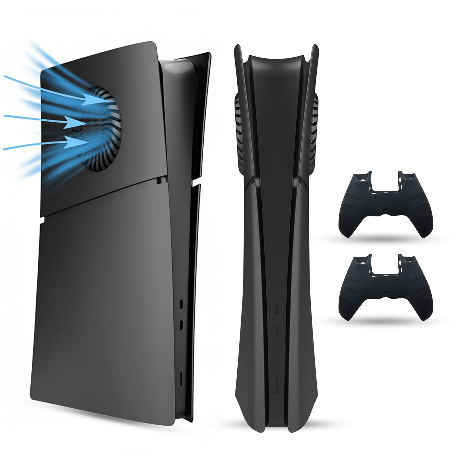 PEYANZ Faceplate Cover Compatible with PlayStation 5 Slim (Digital Edition) - Protective ABS Shell, Scratch-Resistant Matte Surface, Easy Installation, Includes 2 Silicone Covers (Black+)