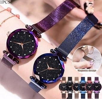 Black Round Diamond Dial with Latest Generation Purple & Blue Magnet Belt Analogue Watch for Women Pack of - 2 (DM-PURPLE-BLUE02)