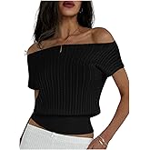 WDIRARA Women's Off Shoulder Textured Short Sleeve Fitted Waist Knitted Top