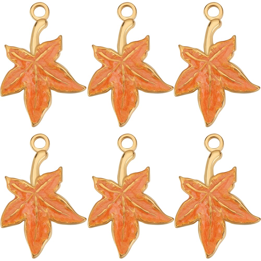 Beebeecraft 1 Box 8Pcs Maple Leaf Charm 18K Gold Plated Stainless Steel Enamel Orange Charm with Hole for Autumn Theme DIY Crafts Jewelry Making (15x22x2mm)