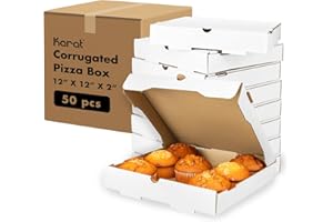 Karat Pizza Boxes 12" x 12" x 2" [50 Pack] White Corrugated Boxes | Ventilated, Grease-Resistant, Durable for Pizza or Shipping Use