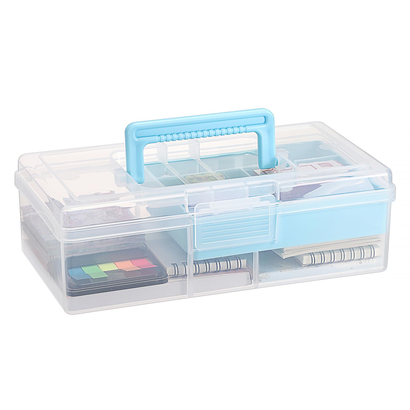Photo 1 of JUXYES Plastic Carry Storage Box with Removable Dividers, Clear Art Craft Supply Storage Bin Sewing Box With Handle Lid, 2 Layers Stationery Storage Case for School/Office Supplies