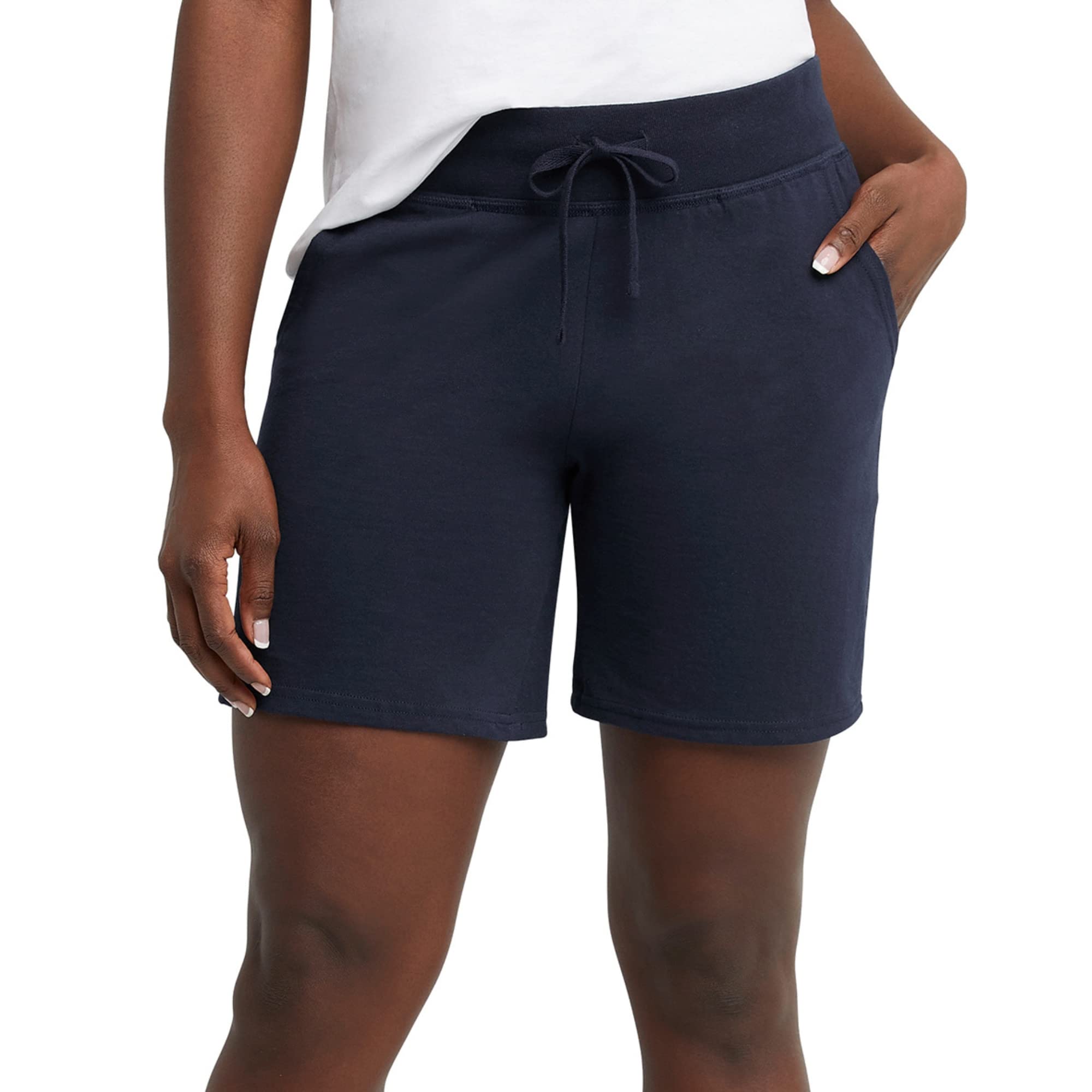 Photo 1 of Hanes Womens Jersey Pocket Shorts, Drawstring Cotton 7" Inseam Athletic-shorts, Navy, Medium US