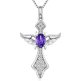 Jiahanzb Angel Wing Cross Necklace for Women 925 Sterling Silver Gemstone Pendant Birthstone Religious Jewelry for Mom,Chain 18inch