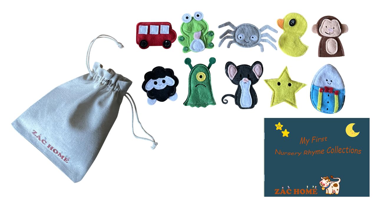 Nursery Rhyme Finger Puppet Set with a little cow hold all bag- Set of 10 including 10 Nursery Rhymes Lyris Collection
