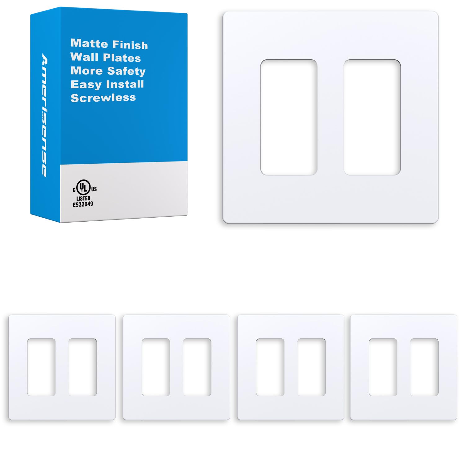 Photo 1 of Amerisense Outlet Cover, Screwless Decorator Wall Plate, Light switch Power Plug Cover, 2-Gang Standard Size, Matte White, 5 Pack,UL listed