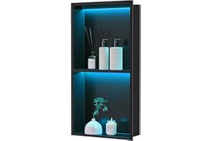 Qeke Stainless Steel Shower Niche 12" X 24", No Tile Needed Wall Niche with RGB Led Light, Recessed Shower Shelf for Bathroom Storage Over Mount Installation, Matte Black