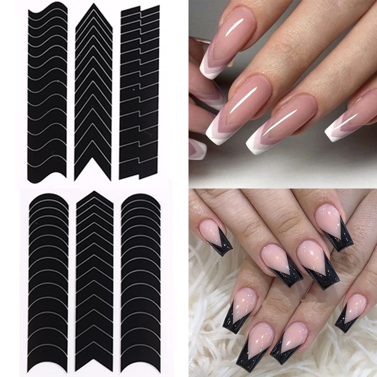 Fcozpjk French Tip Nail Stickers 6 Sheets Self-Adhesive Nails Sticker French Tips Guides Tool Wave Lines Nails Tape for Nail Art Airbrush Stencils Set
