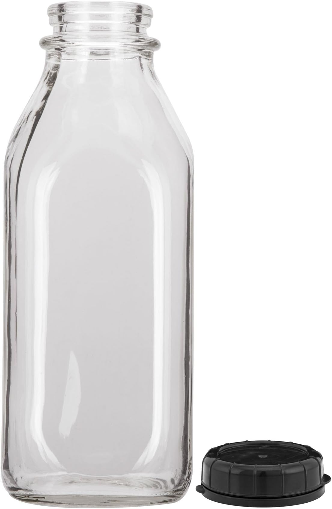 The Cary Company 30WDS4B 32 oz. Square Quart Glass Milk Bottles with Black Caps, Clear (Pack of 24)