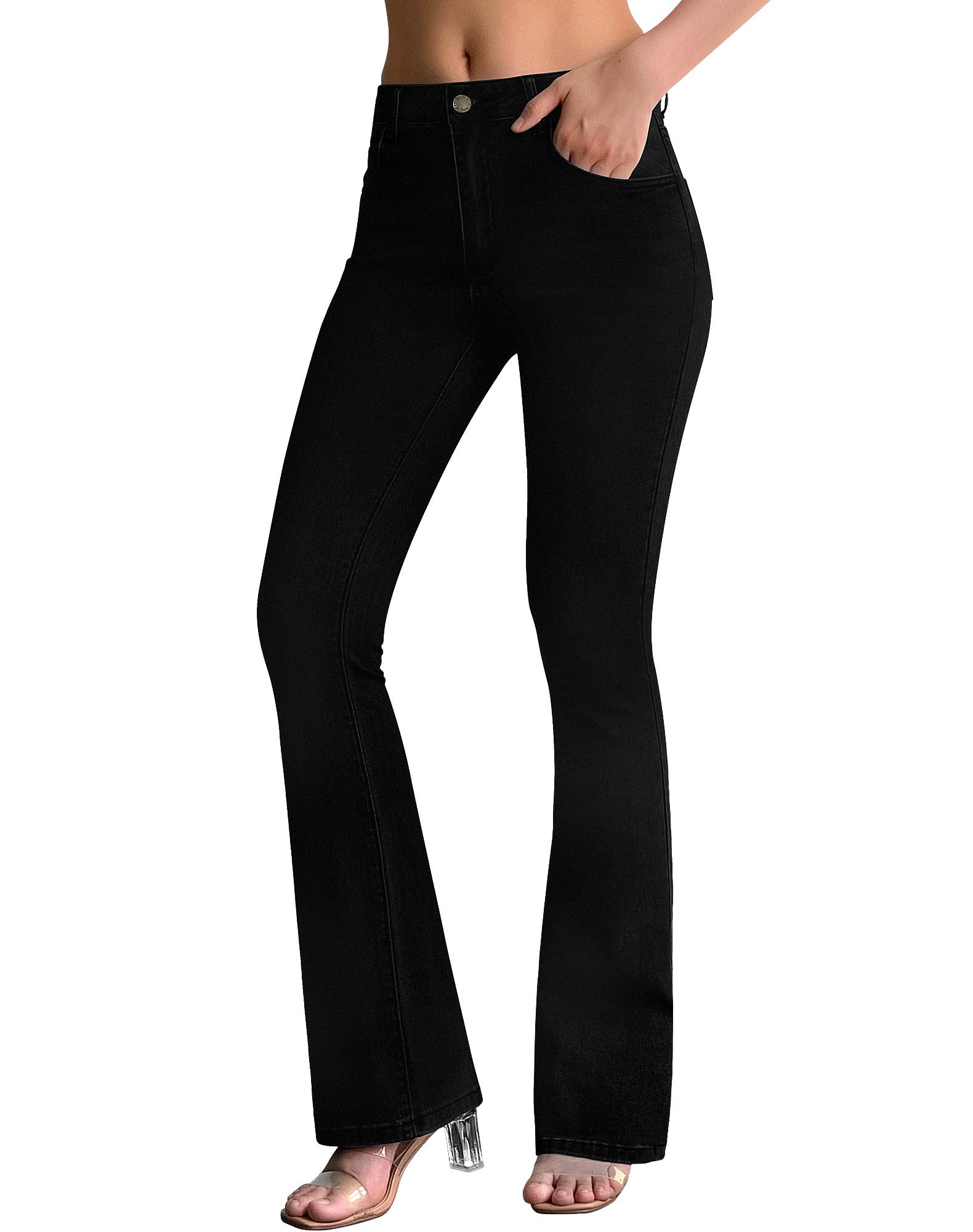 Photo 1 of roswear Womens Mid Waist Bell Bottom Stretchy Flare Jeans Pants Black Large