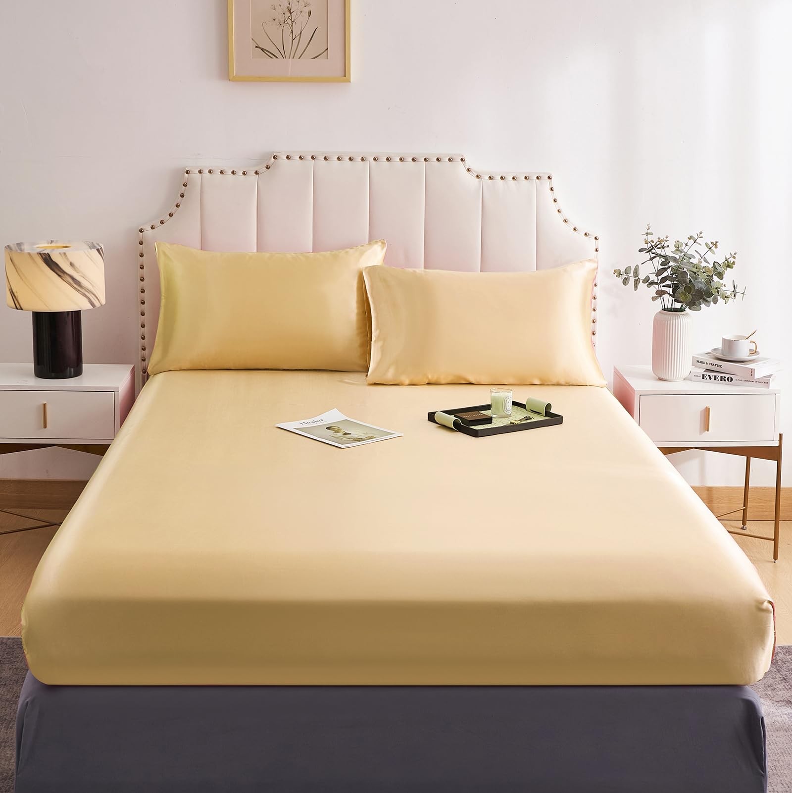 DuShow Fitted Sheet-Deep Pocket Satin Silky Bed Sheet,Breathable Soft and Comfortable-Wrinkle,Fade,Satin and Abrasion Resistant(Super King,Yellow) — image 1