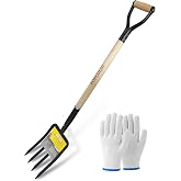 FORCOLID Garden Fork, 4-Tine Spading Digging Fork, Pitch Fork-45Inch, Forged Steel Y-Grip, Wood Handel-Red