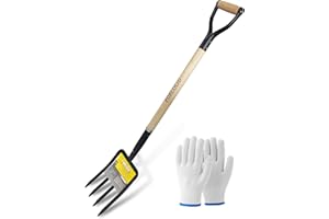 FORCOLID Garden Fork, 4-Tine Spading Digging Fork, Pitch Fork-45Inch, Forged Steel Y-Grip, Wood Handel-Red