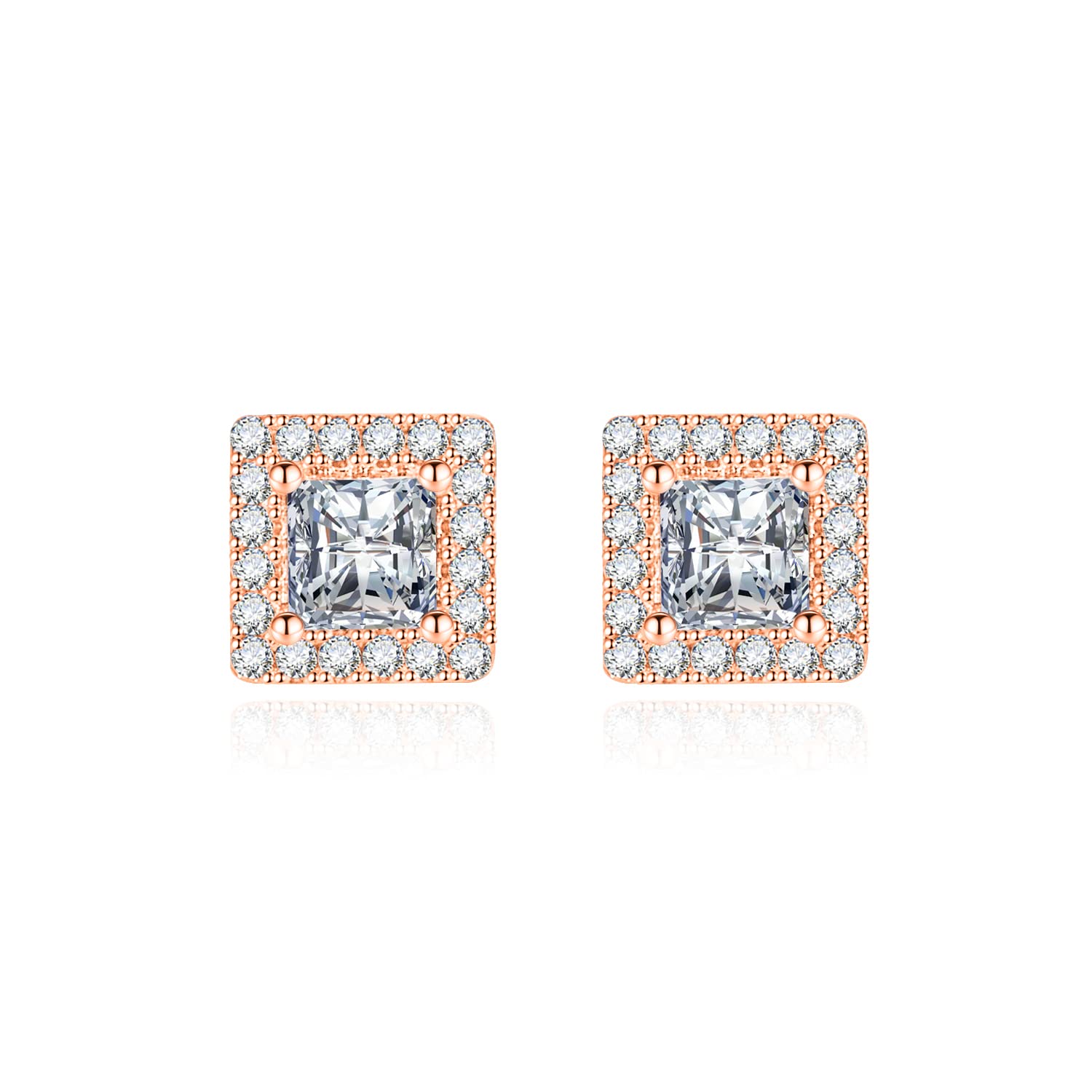 Shuxin 925 Sterling Silver Stud Earrings for Women, Sterling Silver Square Cubic Ziconia Stud Earrings, Silver Princess Stud Earrings for Women Girls, Rose Gold Plated Square Princess Diamond Earring