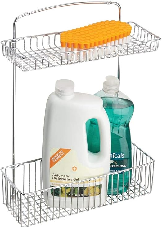 Amazon Com Mdesign Metal Farmhouse Wall Mount Kitchen Storage Organizer Holder Or Basket Hang On Wall Under Sink Or Cabinet Door In Kitchen Pantry Holds Dish Soap Window Cleaner Sponges Chrome