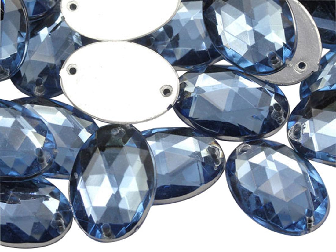 Allstarco 18x13mm Blue Sapphire - Lt. CH02 Flat Back Sew On Oval Beads Acrylic Rhinestones Sewing Plastic Gems With Holes For Jewelry, Clothes, Garment Embelishments, Shoes, Cosplays, Crafts 50 Pieces